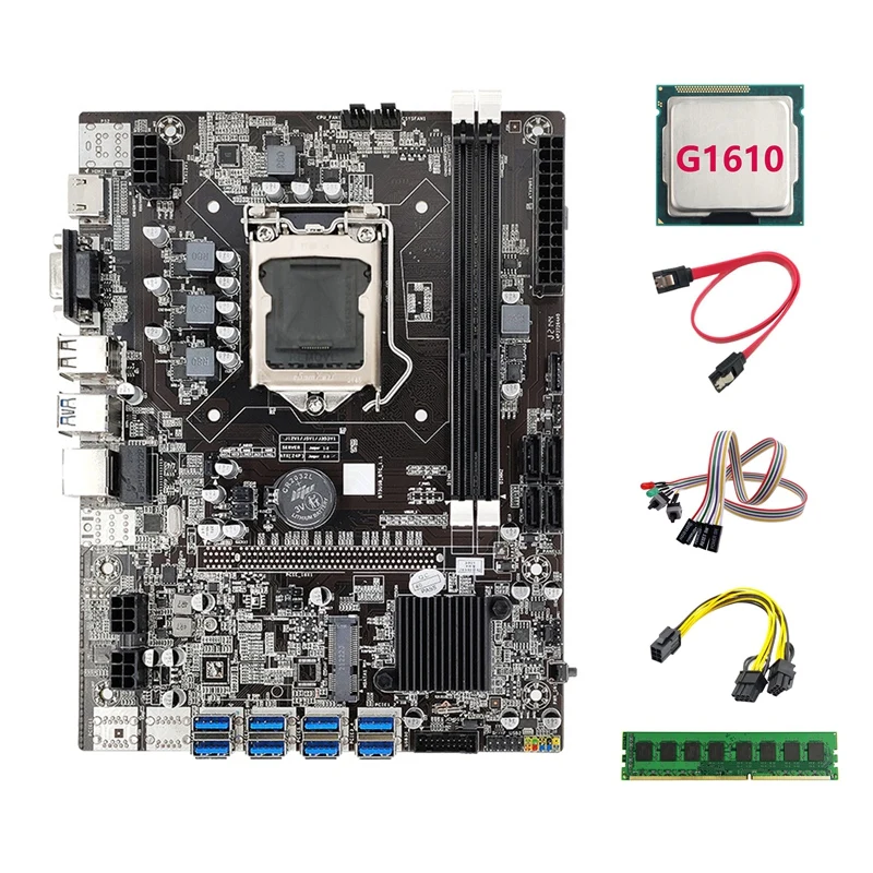 Фото Материнская плата AU42 -B75 BTC Miner 8xusb + G1610 CPU + DDR3 4G 1600 МГц ОЗУ + SATA кабель + 6Pin к двойному 8Pin кабелю + кабель переключателя светильник кой №2