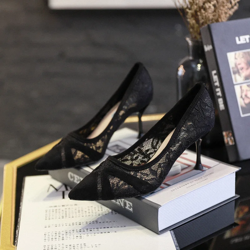 

Sandals Woman Summer 2022 Lace Breathable Black Sexy High Heels Stiletto Pointed Toe Elegant Women Heels Luxury Brand Woman Shoe