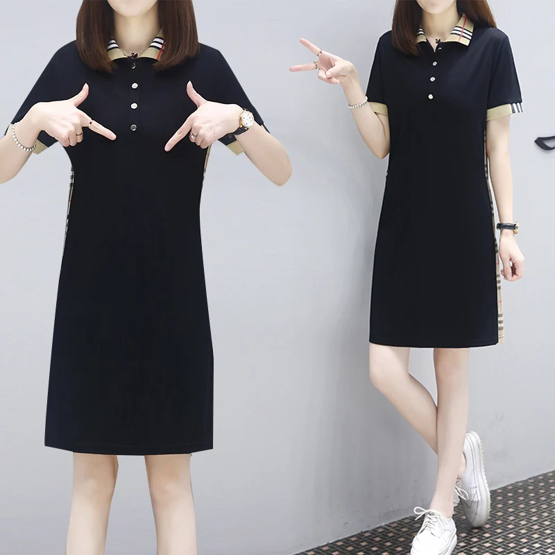 

Summer 2021 new temperament slimming plaid mid-length POLO collar dress women long T-shirt loose casual plus size dress