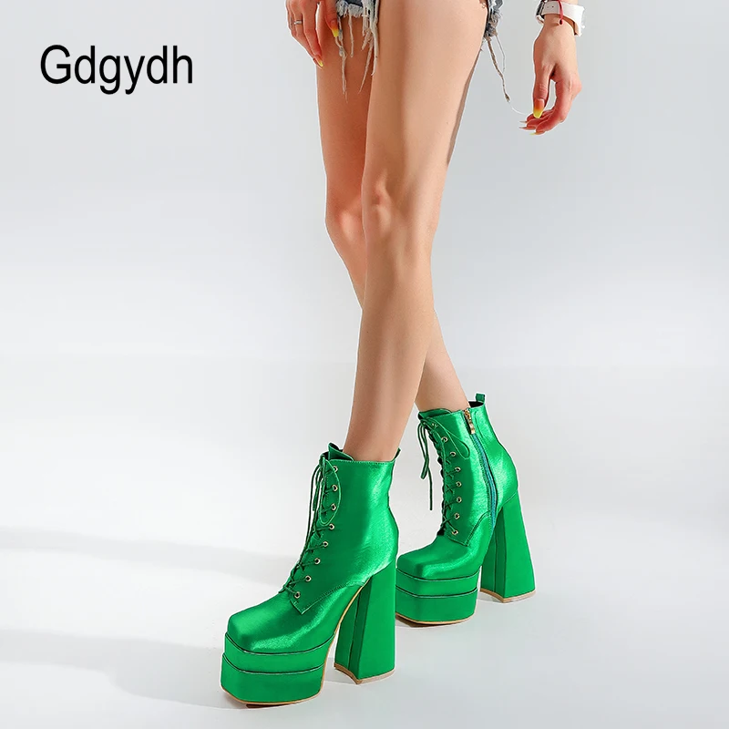 Gdgydh Platform Chunky Boots Women Square Toe Block High Heels Soild Color Lace Up Waterproof Womens Ankle Boots with Zipper