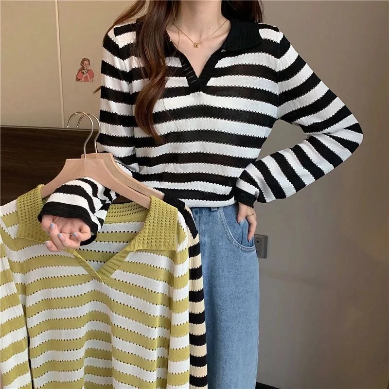 

Autumn all-match Casual Knitted Sweater Pullover Basic Long Sleeve stripes Sweaters T-shirt Female Jumpers Top Y2K Women Clothes