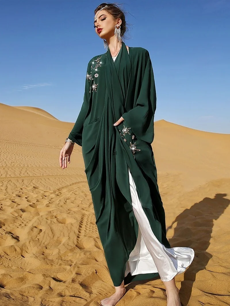 Snowflake Kaftan Moroccan Embroidered Caftan Arabic Long Dress Women Handsewn Rhinestones Muslim Kimono Dubai Open Abaya Green
