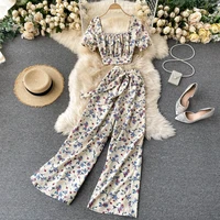 women two piece french square collar pleated short cropped floral t shirt top high waist wide leg pants woman fashion suits