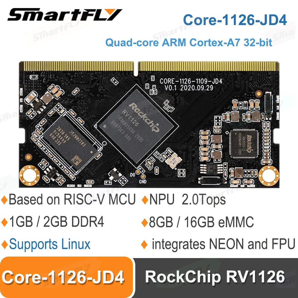 Smartfly Core-1126-JD4 NPU 2.0Tops Rockchip RV1126 integrates NEON and FPU RISC-V MCU 1GB / 2GB DDR4 supports Buildroot+QT OS