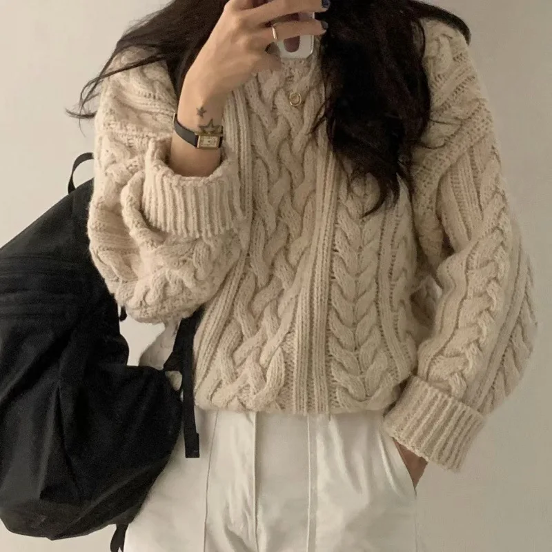 Винтажный вязаный свитер женский пуловер свободный крой мягкая верхняя одежда