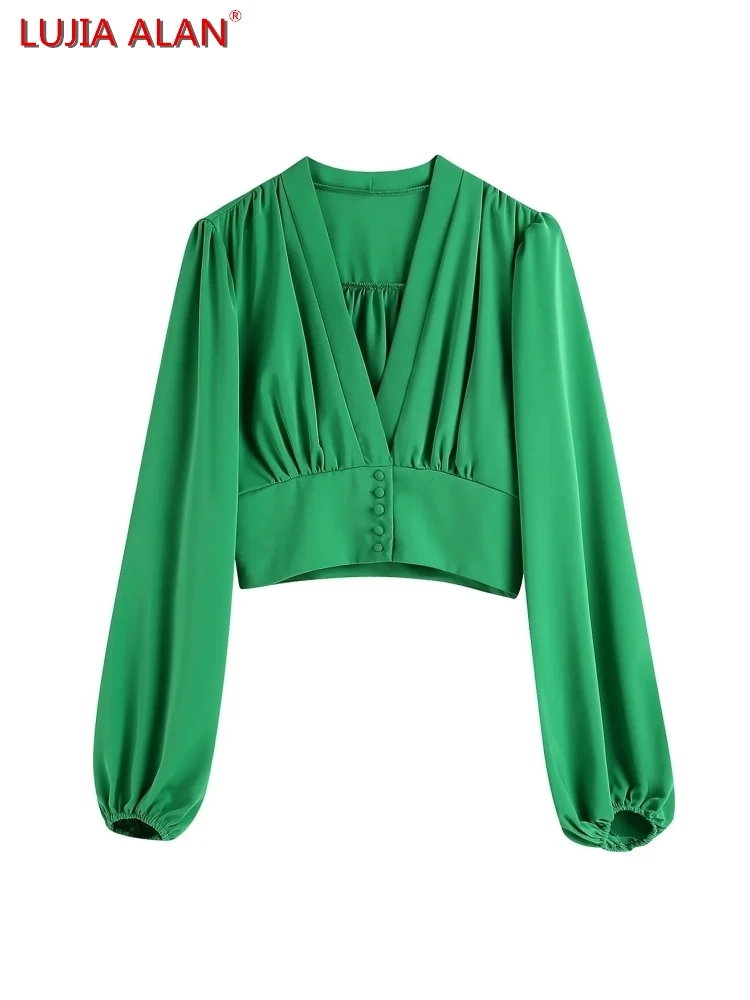 

Новые женские атласные Сращенные полупрозрачные кружевные рубашки, Повседневная приталенная блузка с отложным воротником и длинным рукав...