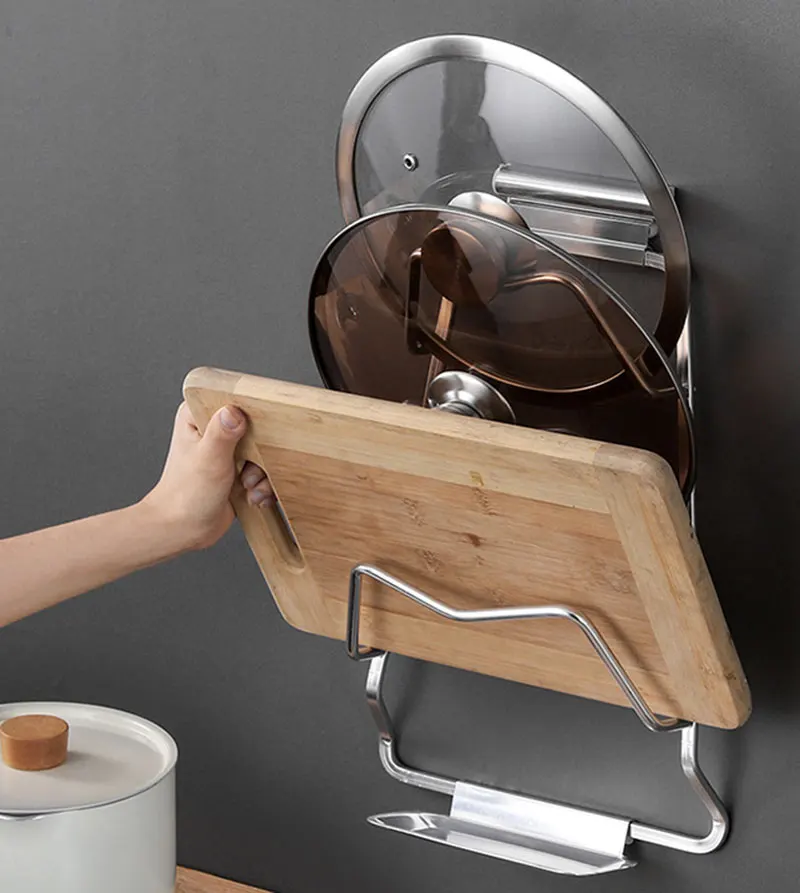 

Kitchen Wall Mounted Pot Lid Rack Punch-free Stand Aluminum Pan Cover Holder Cutting Board Storage Shelf Kitchen Organizer