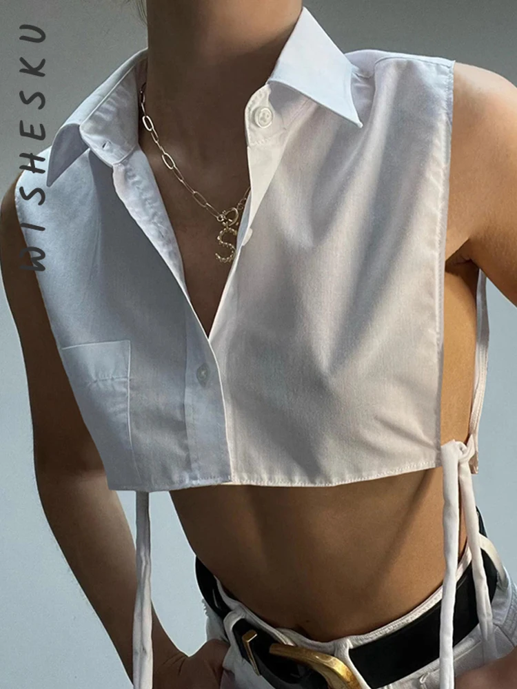 

Sexy Sleeveless Lace Up Cropped T-Shirts Women Lapel Buttons Down Cut Out Tee Shirts 2022 Summer Harajuku Lolita Y2K Clothes
