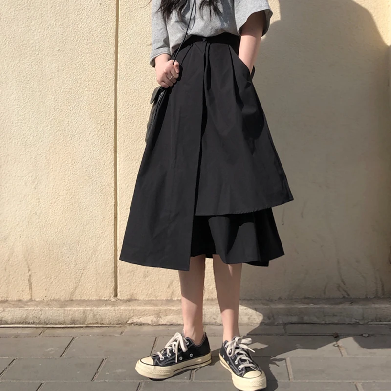 

Black Elegant Gothic Skirt Women Irregular Patchwork Streetwear Skirt Harajuku Hight Waist Korean Skirt 2020 Women's Autumn New