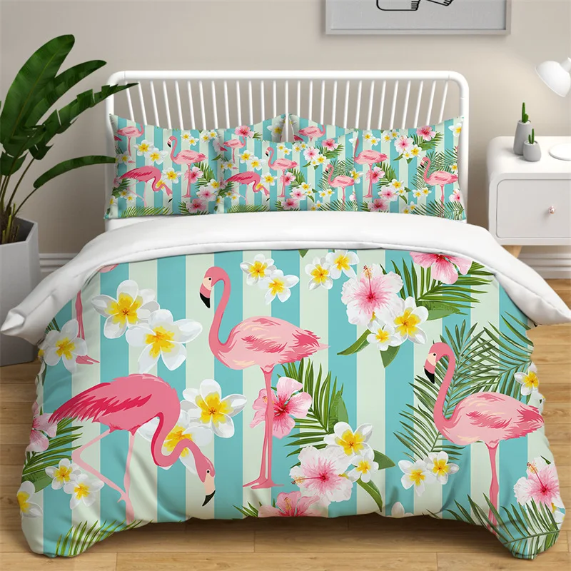 

Modern Flamingo Pineapple Print Bedding Set Queen Tropical Plants Leaves Flowers Duvet Cover Hawaiian Islands Floral Pillowcases