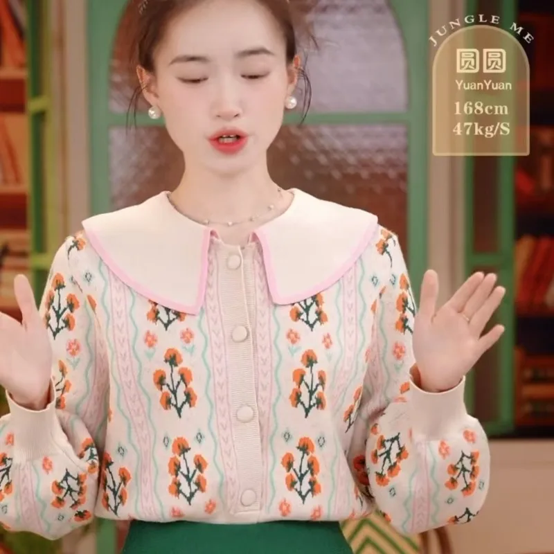 Осень и зима новый кукольный воротник милый вязаный свитер кардиган цветок