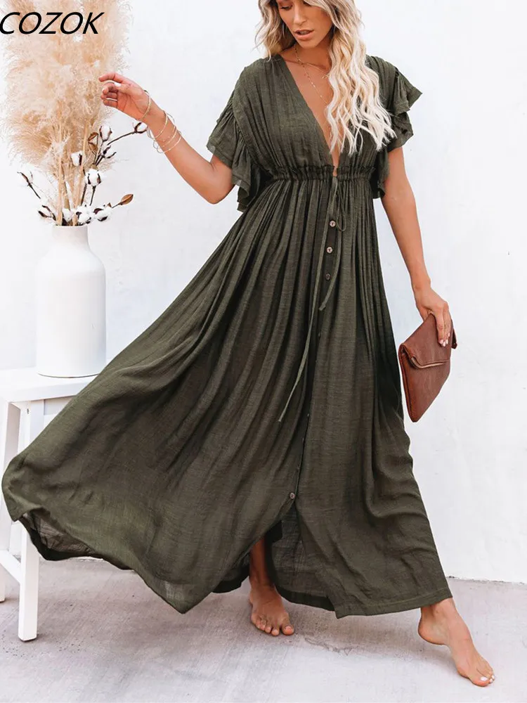 

Summer Split Backless Casual Dress Women V Neck Sexy Beach Ladies Dresses 2023