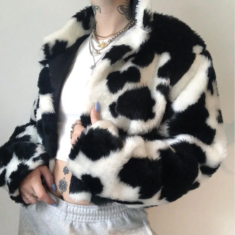 Winter Women Faux Fur Coat Fashion New Black and White Polka Dot Plush Loose High Neck Jacket Soft Warm Short Clothes Big Size