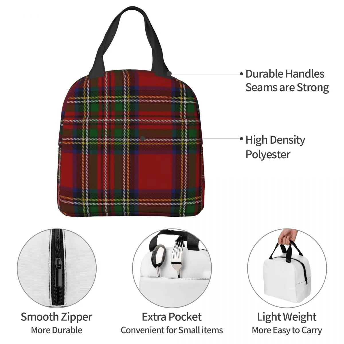 Royal Tartan Plaid Lunch Bag Waterproof Insulated Canvas Cooler Bag Thermal Cold Food Picnic Travel Tote for Women Children images - 6