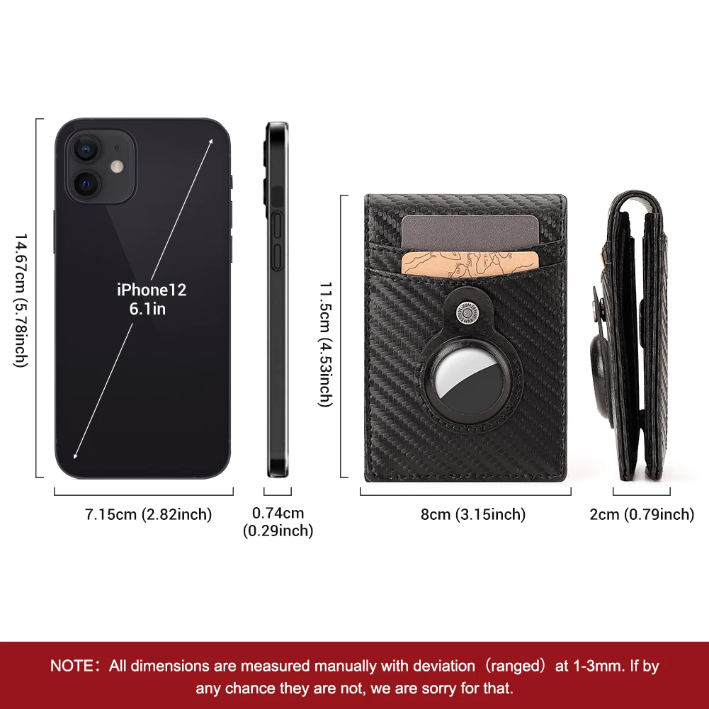 Carbon Firber AriTag Wallet with RFID Blocking Credit Card Holder Genuine Leather Anti-theft Brush Dollar Clip Bifold Male Slim