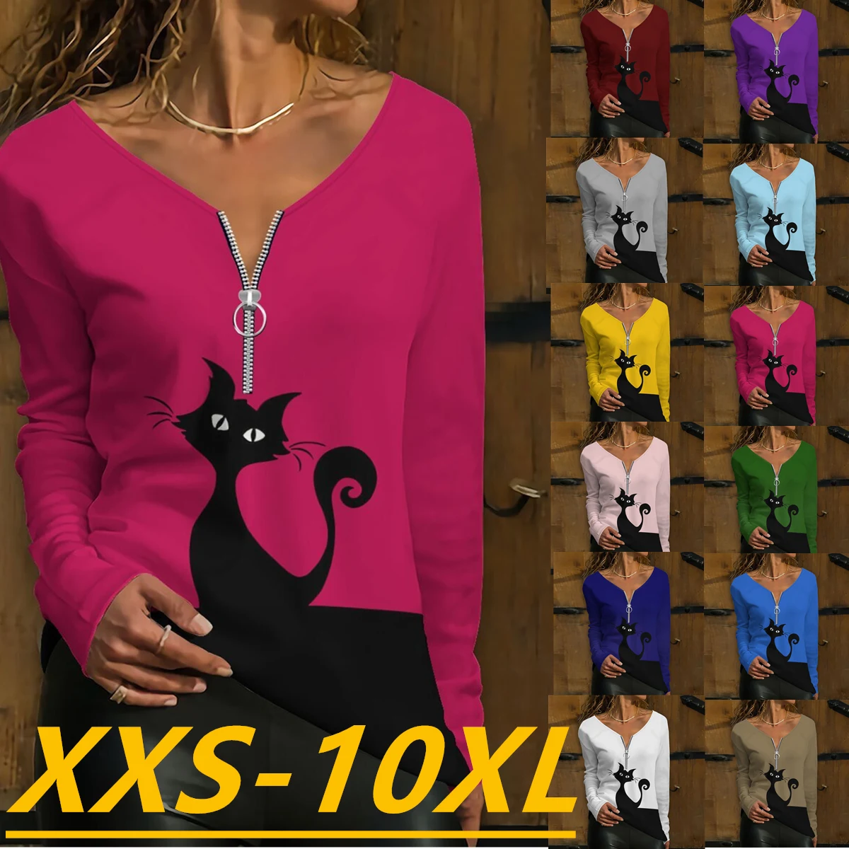 

Autumn/Winter 2022 Fashion Women's Geometric Color Contrast Printing Long Sleeve Zipper V-Neck Casual Plus Size Top XXS-10XL