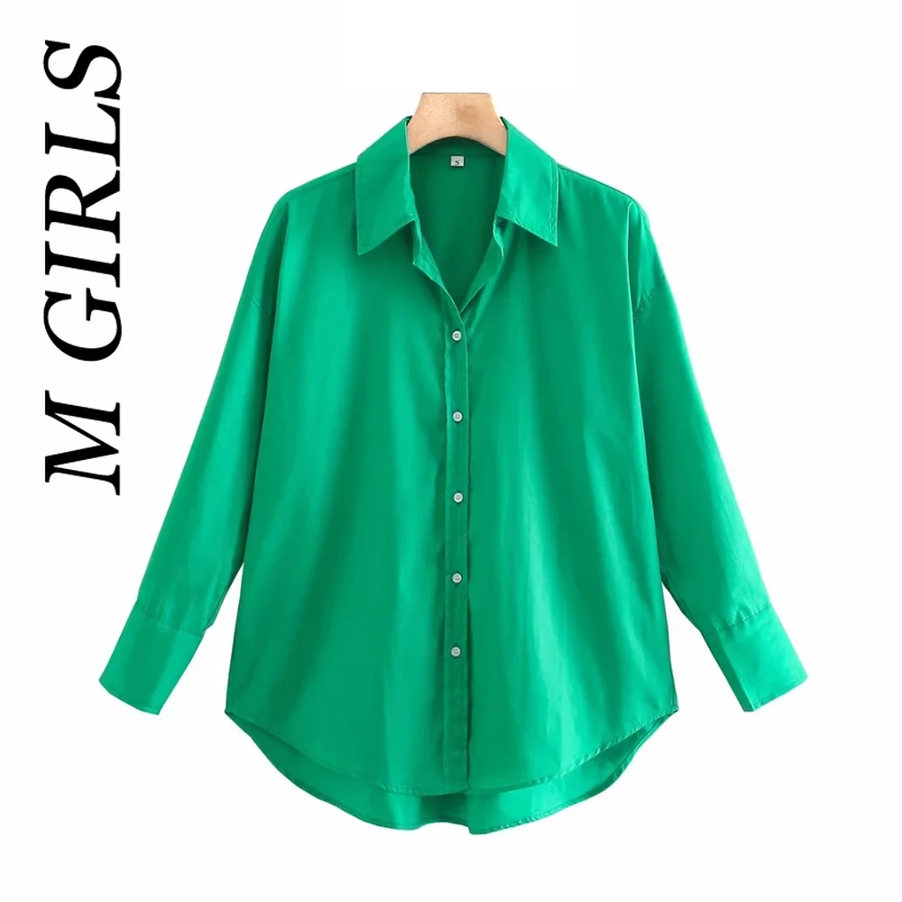 M GIRLS Women  Fashion Loose Asymmetry Poplin Blouses Vintage Long Sleeve Button-up Female Shirts Blusas Chic Tops