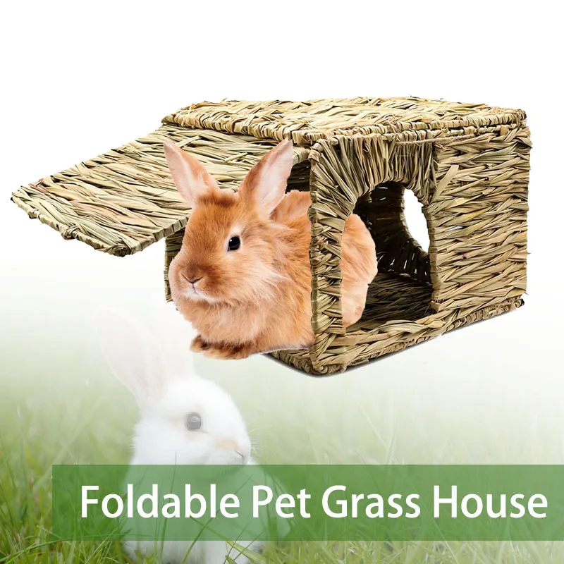 

Grass House for Rabbit Large Foldable Pet house with Double Openings Playhouse Chinchilla Guinea Pig Hideaway Woven Straw Hut