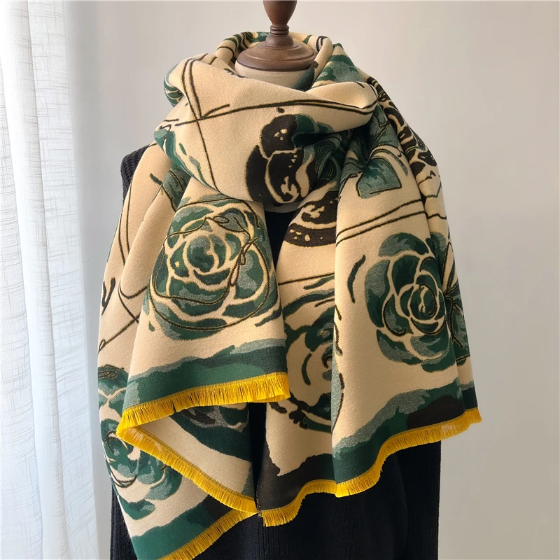

2022 Designer Winter New Cashmere Scarf for Women Warm Floral Shawl Wrap Thick Pashmina Scarves Female Blanket Bandana Poncho