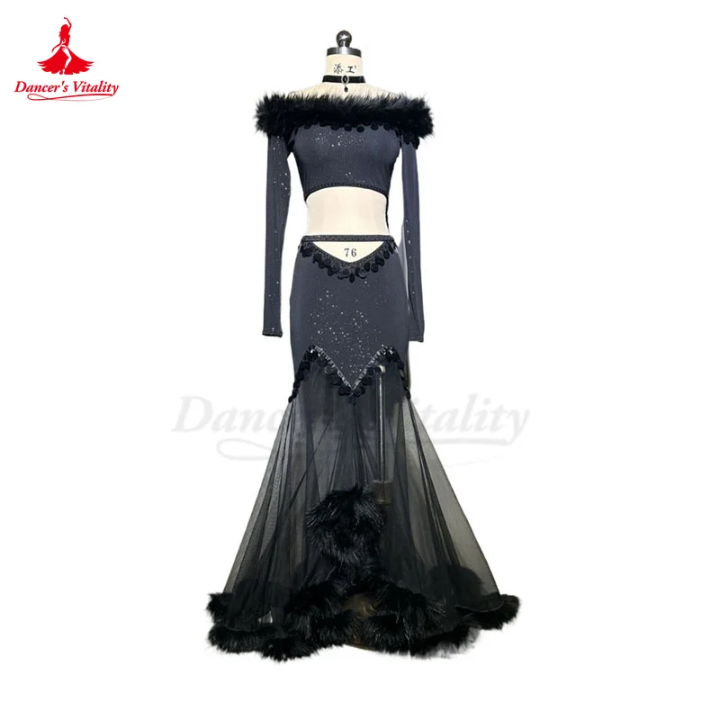 Женский костюм для танца живота топ с длинными рукавами и перьями + длинная юбка