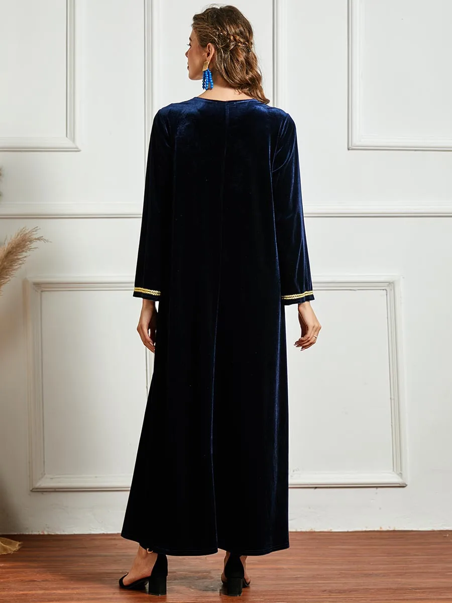 Винтажное зимнее бархатное длинное платье, женские свободные Макси-платья с вышивкой и карманами, базовое зимнее мусульманское платье Isalmic от AliExpress RU&CIS NEW