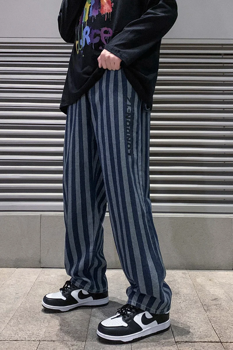 2022 Spring New Men's Blue Striped Baggy Jeans Korean Fashion Straight-leg Denim Wide-leg Pants Male Branded Trousers