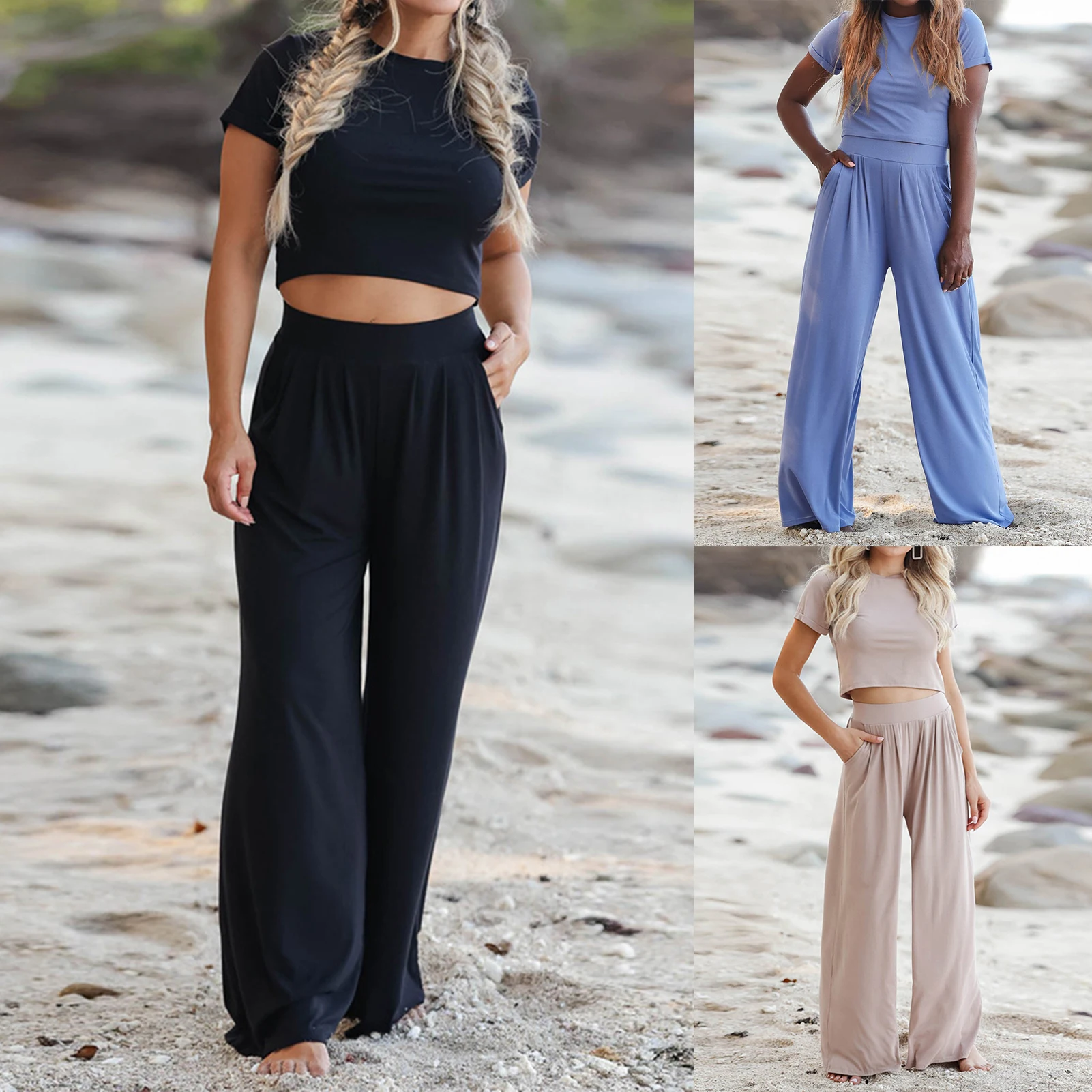 

2023 Summer Short Sleeve T-shirt + Wide-leg Loose Trouser Two-piece Sets High Waist Pants Elegant Set Women Crew Neck Suits