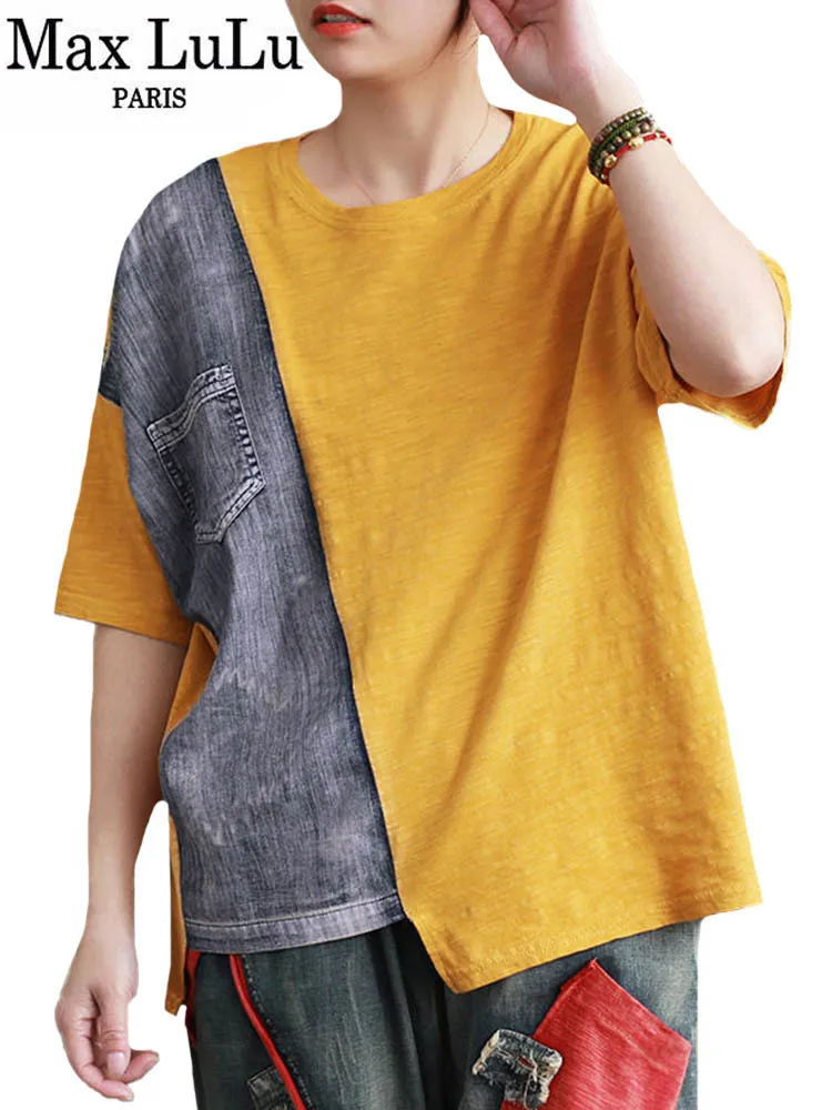 

Max LuLu New Punk Tops 2022 Summer New Designer Womens Denim Patchwork Loose Tees O-Neck Causal T-shirts Female Cotton Clothing