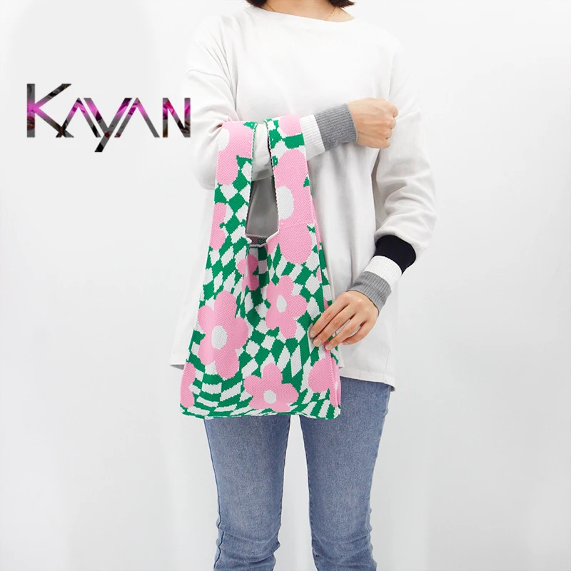 

Fashion Trend Knitting shoulder Women bag Plaid flower Shopping bag Large Female Woollen Underarm Handbag Crochet Beach bag
