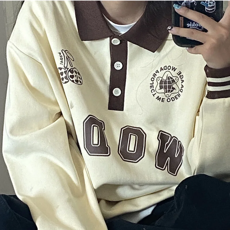 

Apricot Retro College Style Plush Polo Neck Sweatshirt Women Casual Loose Design Color Contrast Long Sleeve Fashion Harajuku Top