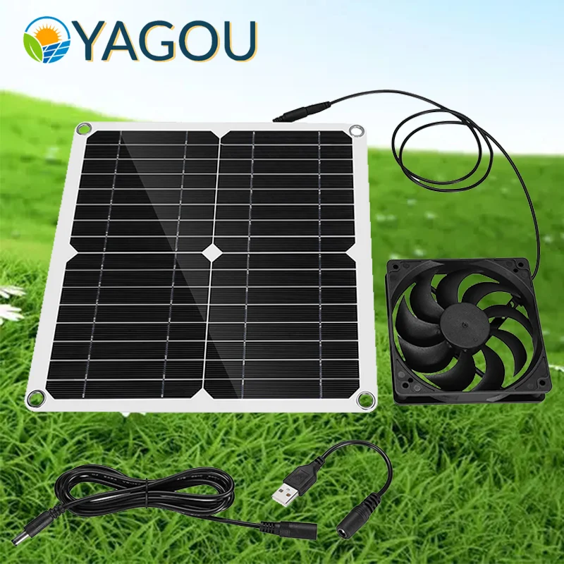 

YAGOU Solar Panel Fan Set 5V 30W DIY Solar Kit Outdoor for Greenhouse Solar Exhaust Fan for Office Outdoor Dog Chicken House