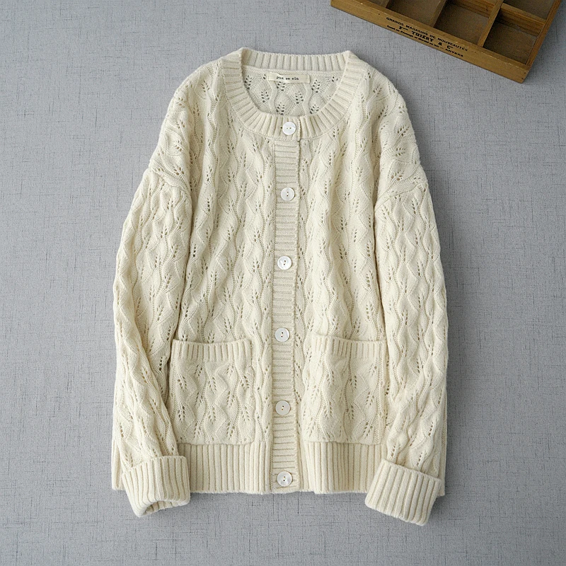 

Autumn Winter Women All-match Japan Style Beige Warm Comfy Cozy Hollow Out Twisted Knitted Wool O-neck Sweaters Cardigans Coat