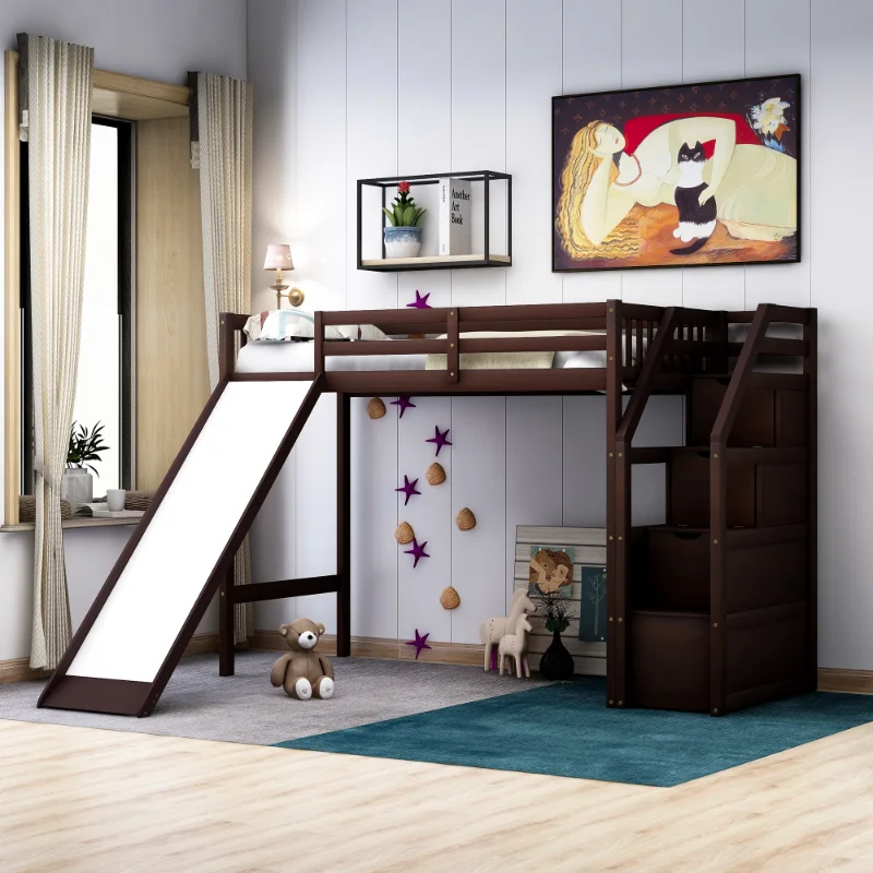 

Twin Size Loft Bed with Storage and Slide\ Espresso Espresso Pine [US Stock]