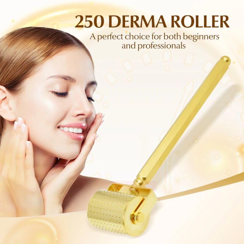 

DRS 250 Gold Derma roller Titanium Microneedle Face Roller Hair Growth dermaroller Seamless Roller 250 Needles Gold Metal Handle