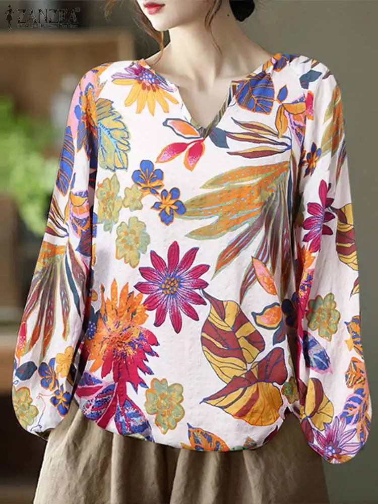 

ZANZEA Women Floral Cotton Blusas Korean Fashion Puff Sleeve Blosues Female V-neck Simple Tunic Casual Loose 2023 Summer Tops