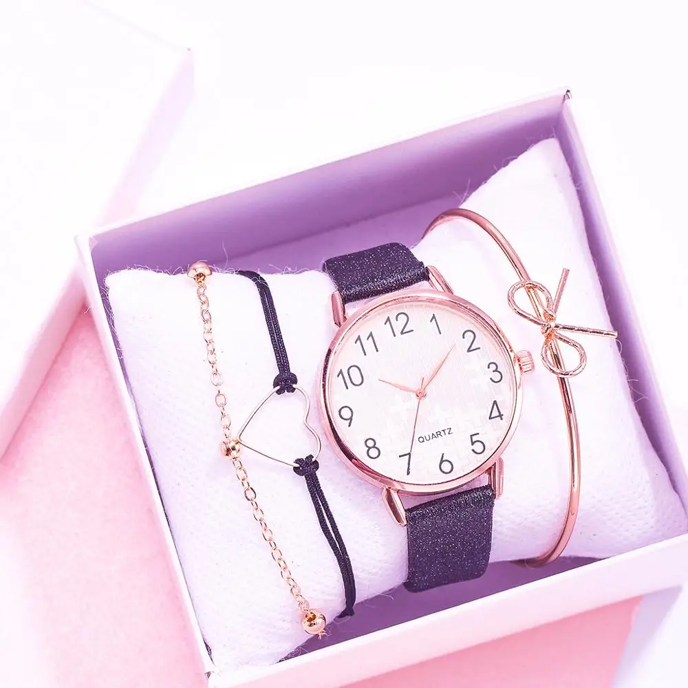 

Fashion Watch Set Women 4pcs Quartz Wristwatch Leather Ladies Bracelet Luxury Black Watch Casual Relogio Femenino Gift For Women