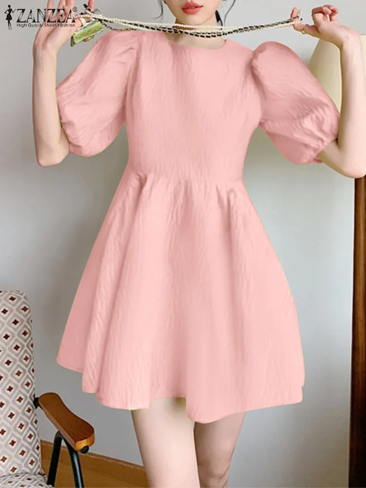

Модное короткое платье ZANZEA с поясом, женское милое мини-платье в Корейском стиле с пышными рукавами и круглым вырезом, элегантное однотонное розовое ТРАПЕЦИЕВИДНОЕ ПЛАТЬЕ