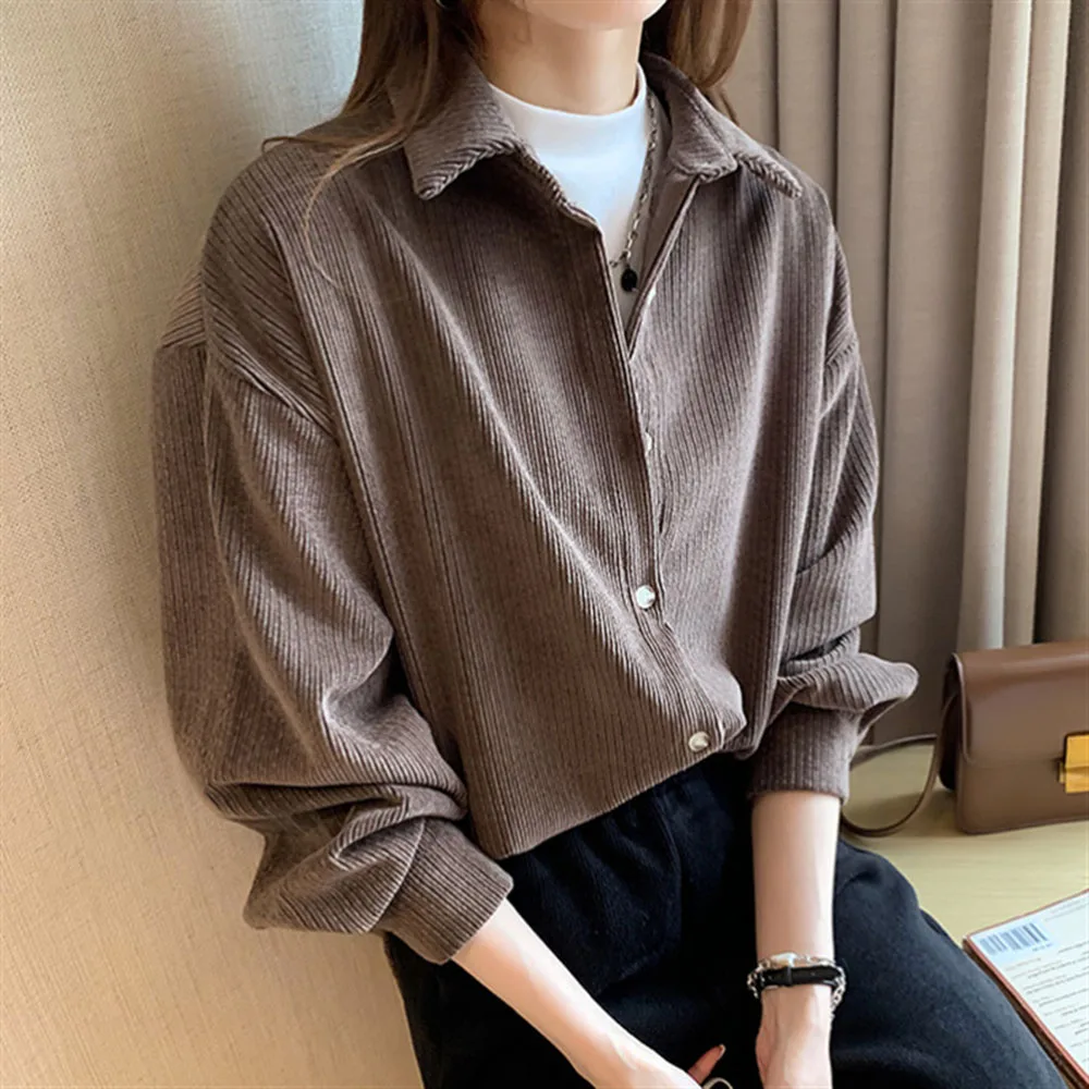 

Women's Corduroy Shirts 2022 Spring Turndown Collar Single-breasted Casual Long Sleeve Tops Loose Thick Layered White Blouse New