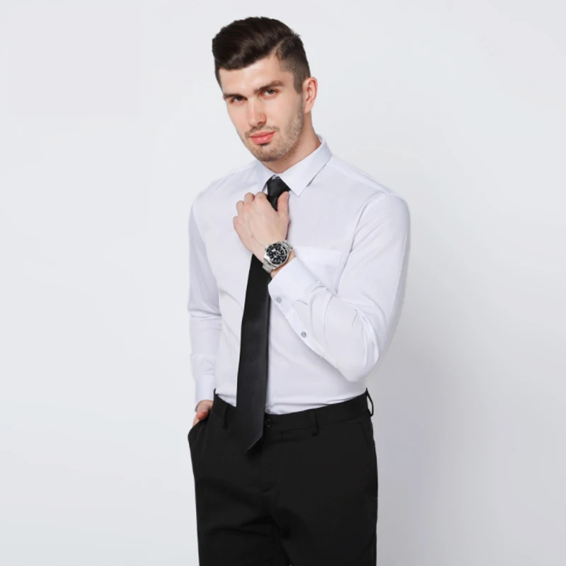 New Four Seasons Men's Shirts Long Sleeve Shirts Trendy Handsome Slim Fiber Solid Color Business Casual Iron-Free Elasticity