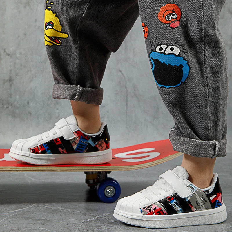 Fashion Printed White Black Low-cut Kid Sneakers Skateboard Comfort Children Shoes Boys Shell Sneakers Girls tenis infantil 2022