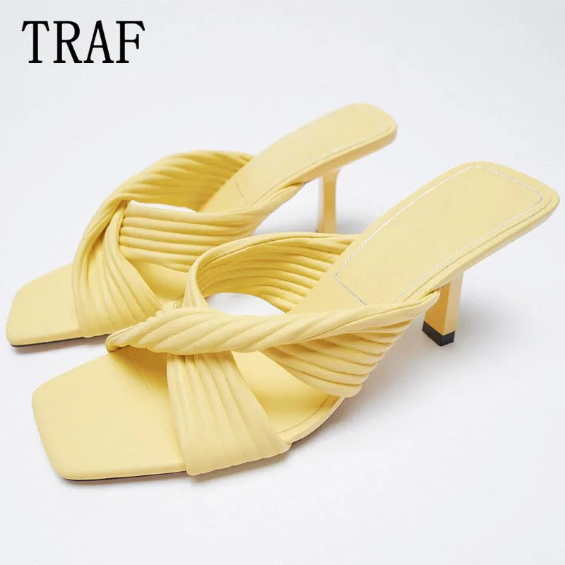 

TRAF 2021 Yellow Mid Heeled Sandals Woman Pleated Straps Elegant Stiletto Heels Women Slippers Party Shoes Square Toe Sandals