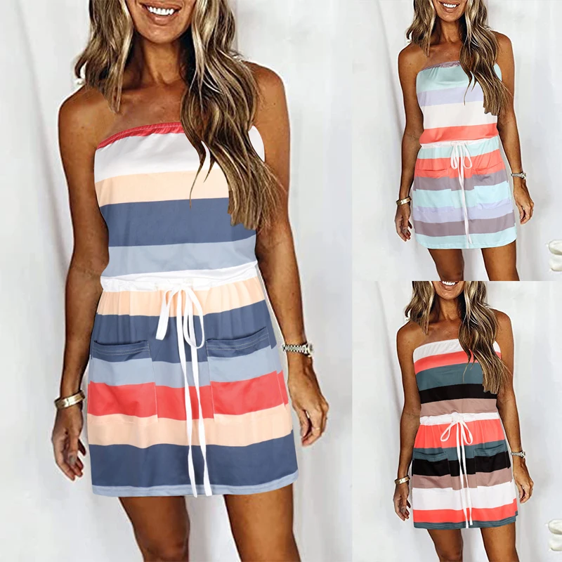 

Женское летнее Полосатое платье на завязках, Повседневное платье-топ без рукавов, сексуальное облегающее мини-платье с карманами, сарафан ...