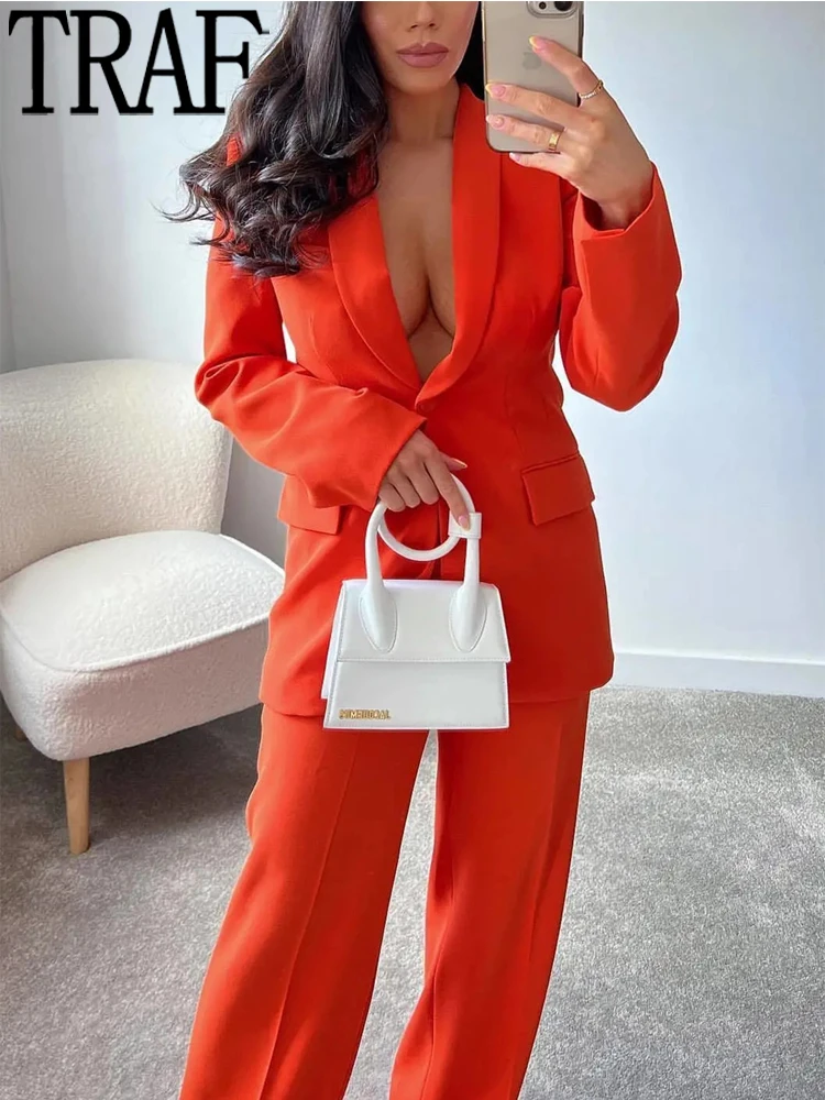 

Пиджак женский оранжевый на пуговицах, с длинным рукавом