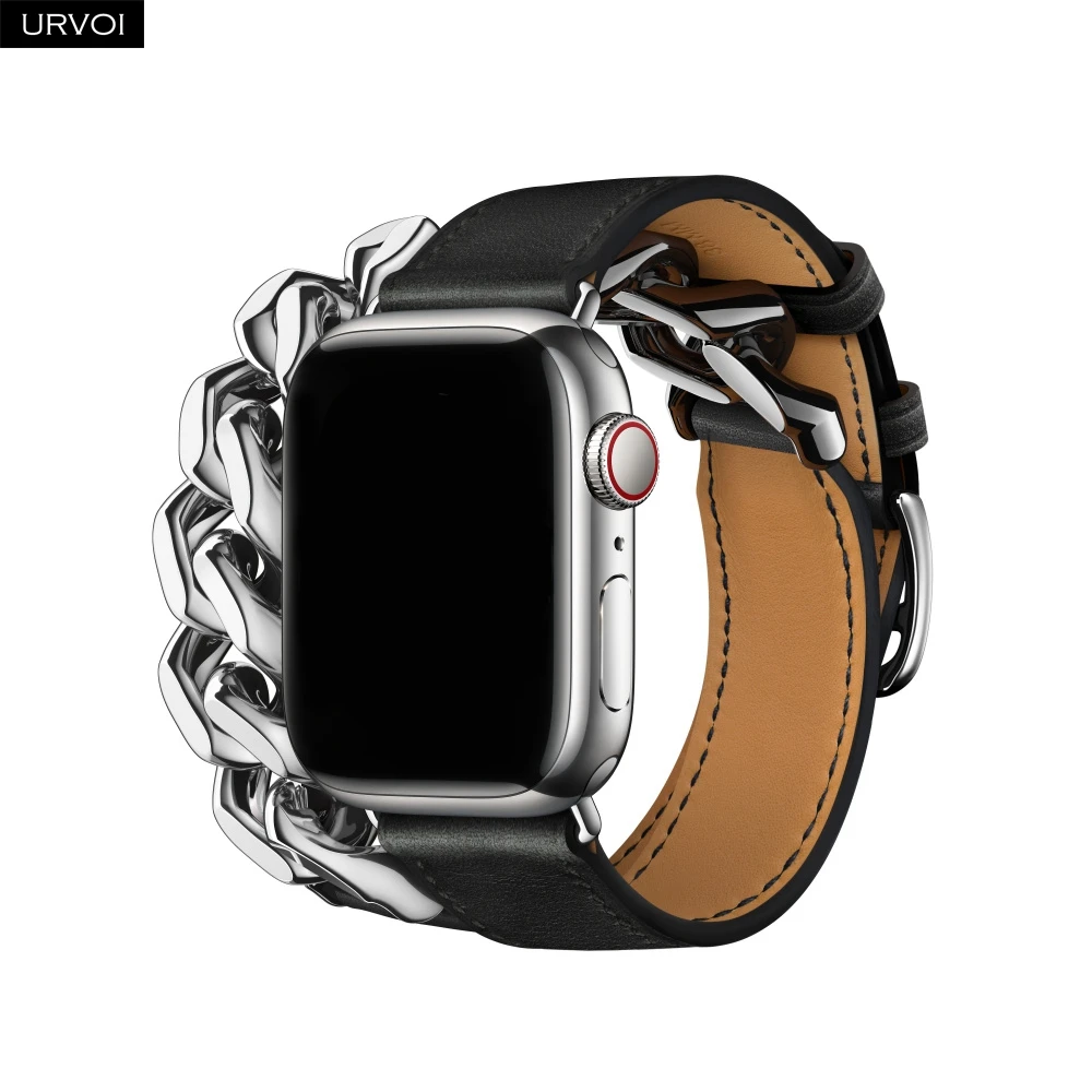 Фото Кожаный ремешок URVOI Gourmette Metal Double Tour для Apple Watch Ultra 1, 2, серия 10, 9, 8, 7 6 SE, кожаный ремешок для браслета iWatch №1