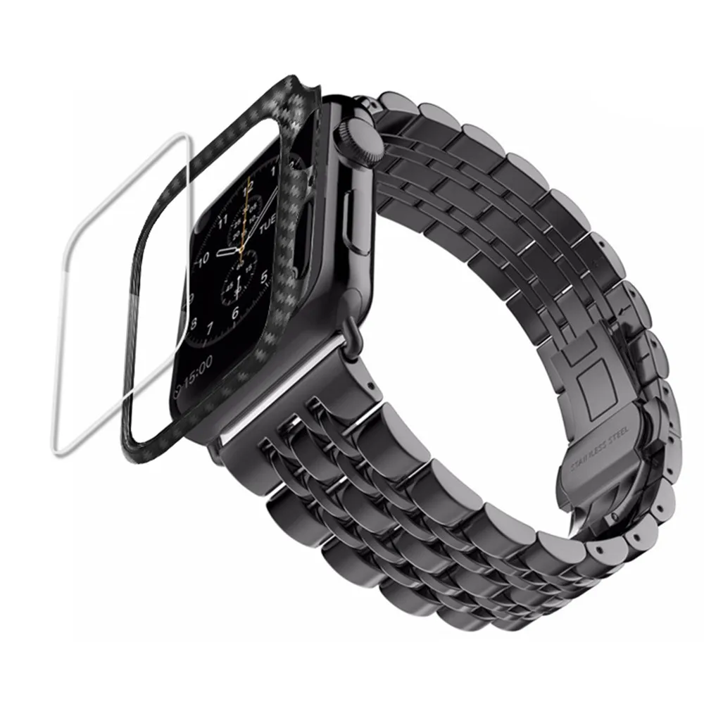 

Carbon fiber Case+Strap For Apple Watch band 44mm 40mm 42mm/38mm iwatch Stainless Steel watchband apple watch band 5 4 3 SE 6
