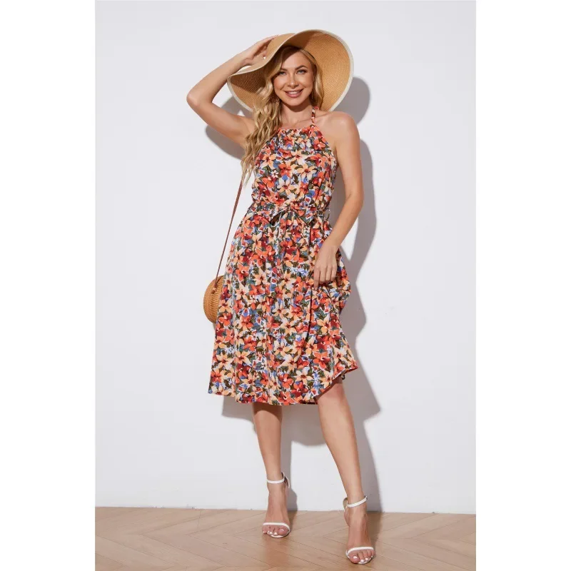 Новинка 2022 летнее платье с завышенной талией и принтом на шее из Европы Америки