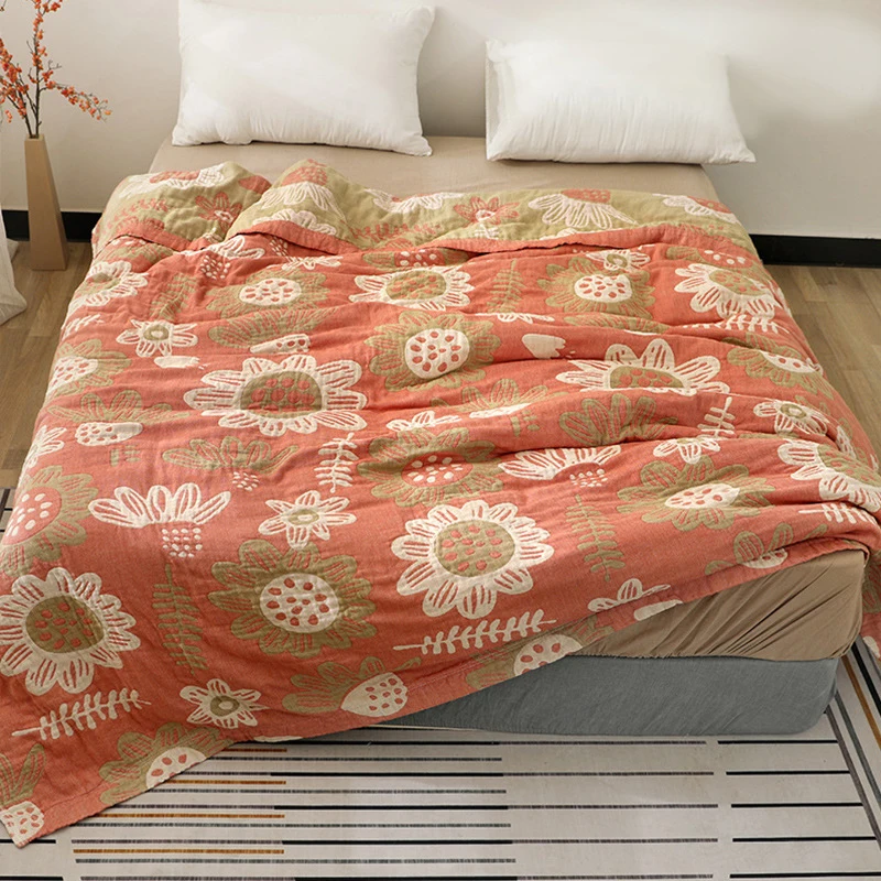 

6-layer Cotton Gauze Towel Quilt Bedspread Botanical Print Summer Air-conditioning Quilts Sofa Throw Blanket Comforter Bed Cover