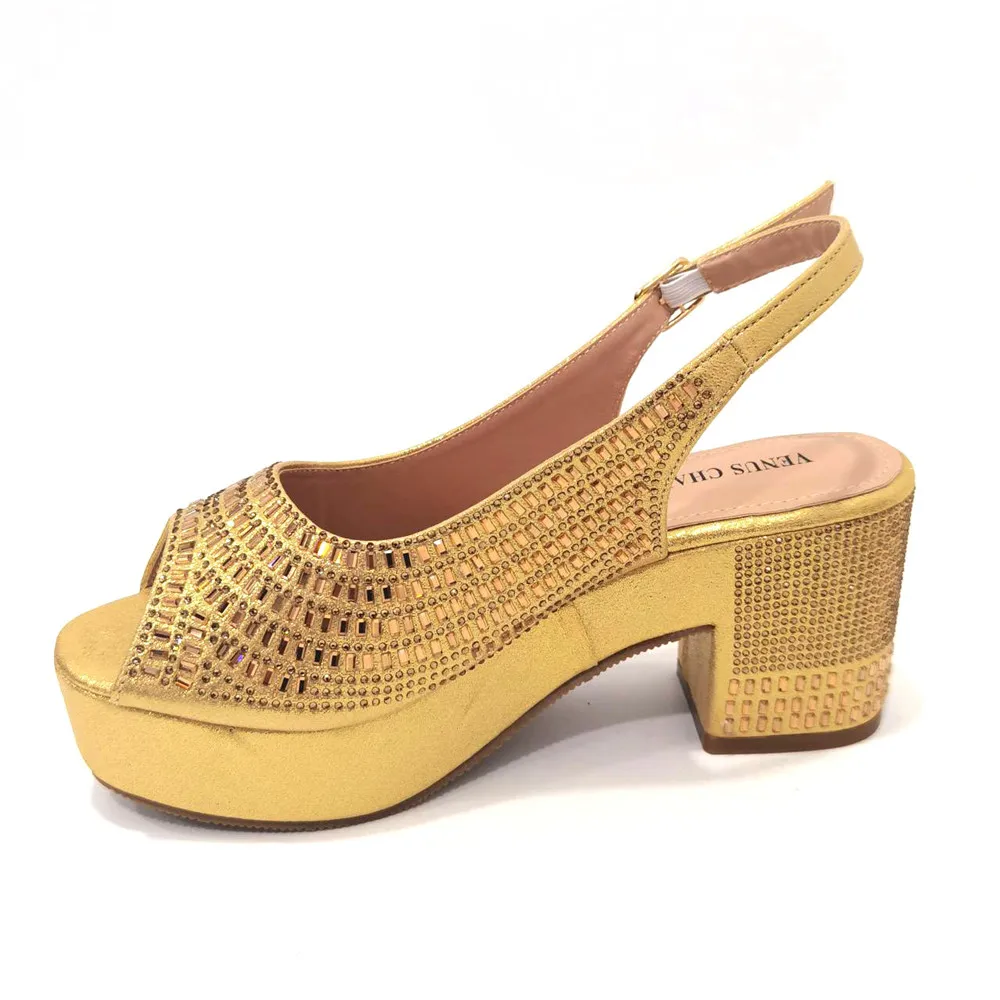 Venus Chan Latest Summer Women's Shoes High-Heeled Sandals Italian Design Rhinestone Golden Shoe and Bag set for Party in Ladies