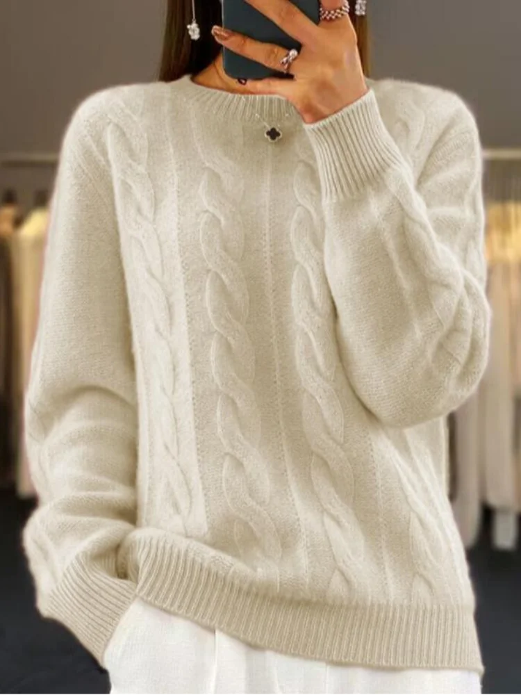 Однотонная трикотажная одежда с круглым вырезом винтажный пуловер из плотной