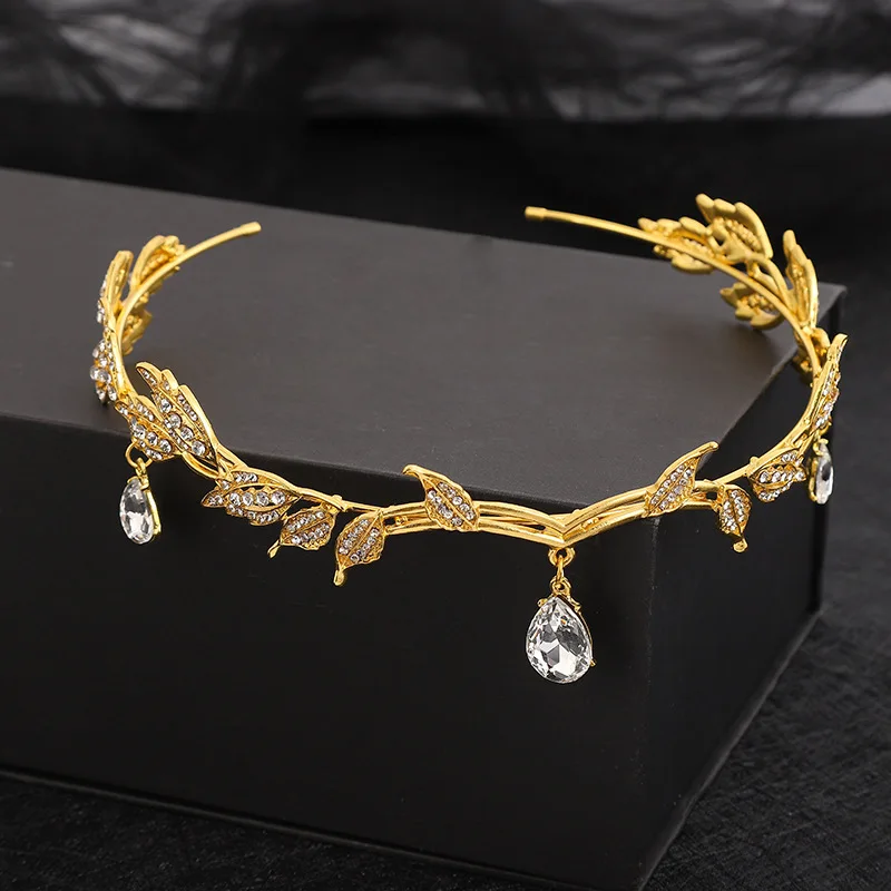 Luxury Gold Colors Rhinestone Tiaras Headbands for Women Leaf Crystal Crown Head Hoop Bridal Wedding Hair Jewelry Accessories